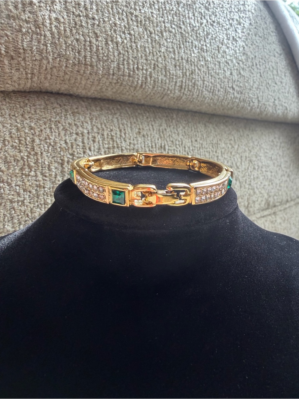 Vintage Givenchy Triple Gold Plated Green Crystal Rhinestone Bracelet 6.5”